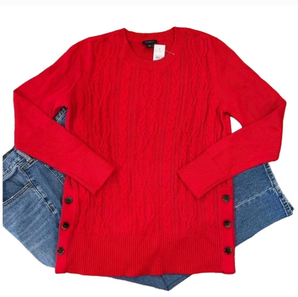 Ann Taylor Red Side Button Cable Knit Sweater - SIZE XX SMALL